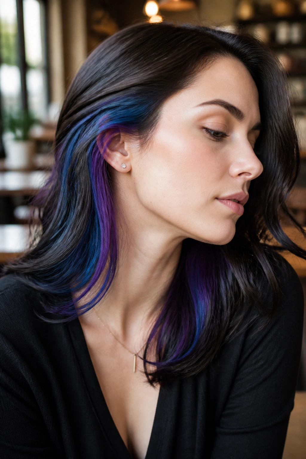 Close-up portrait of a real woman showing blue-purple peekaboo panels at the temple.