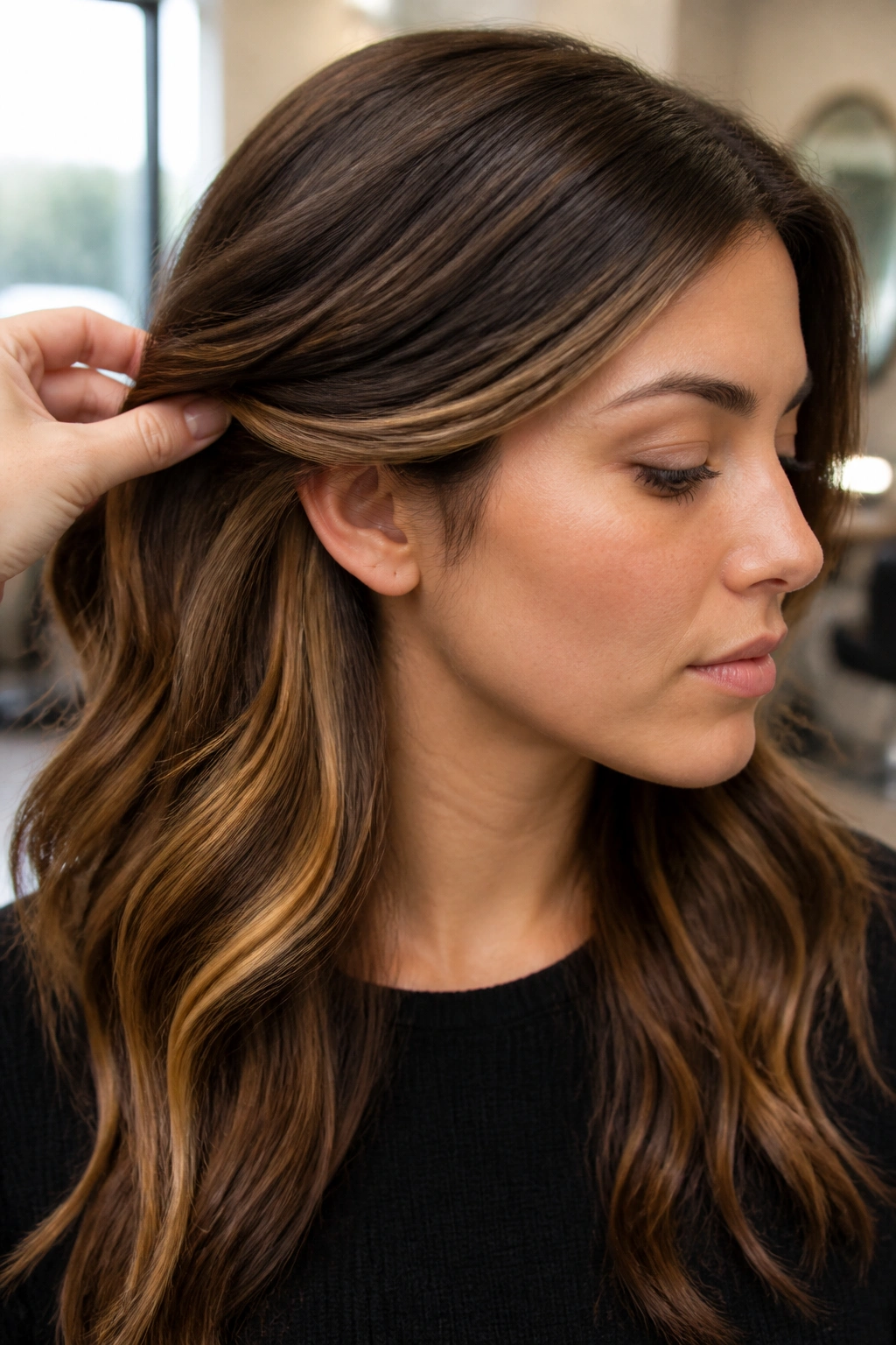 Close-up of a real woman with peekaboo honey panels under a brown top layer