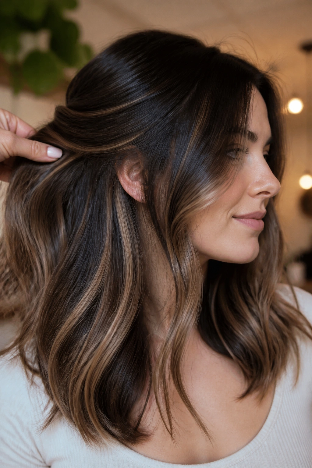 Close-up of real woman with hidden caramel panels under top layer