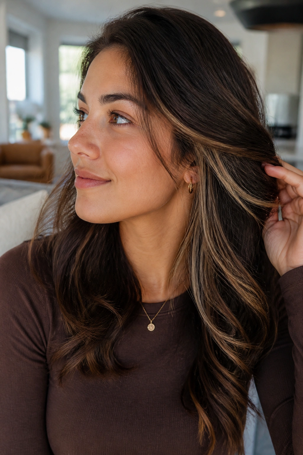 Close-up of a real woman with hidden peekaboo panel color under brown hair.
