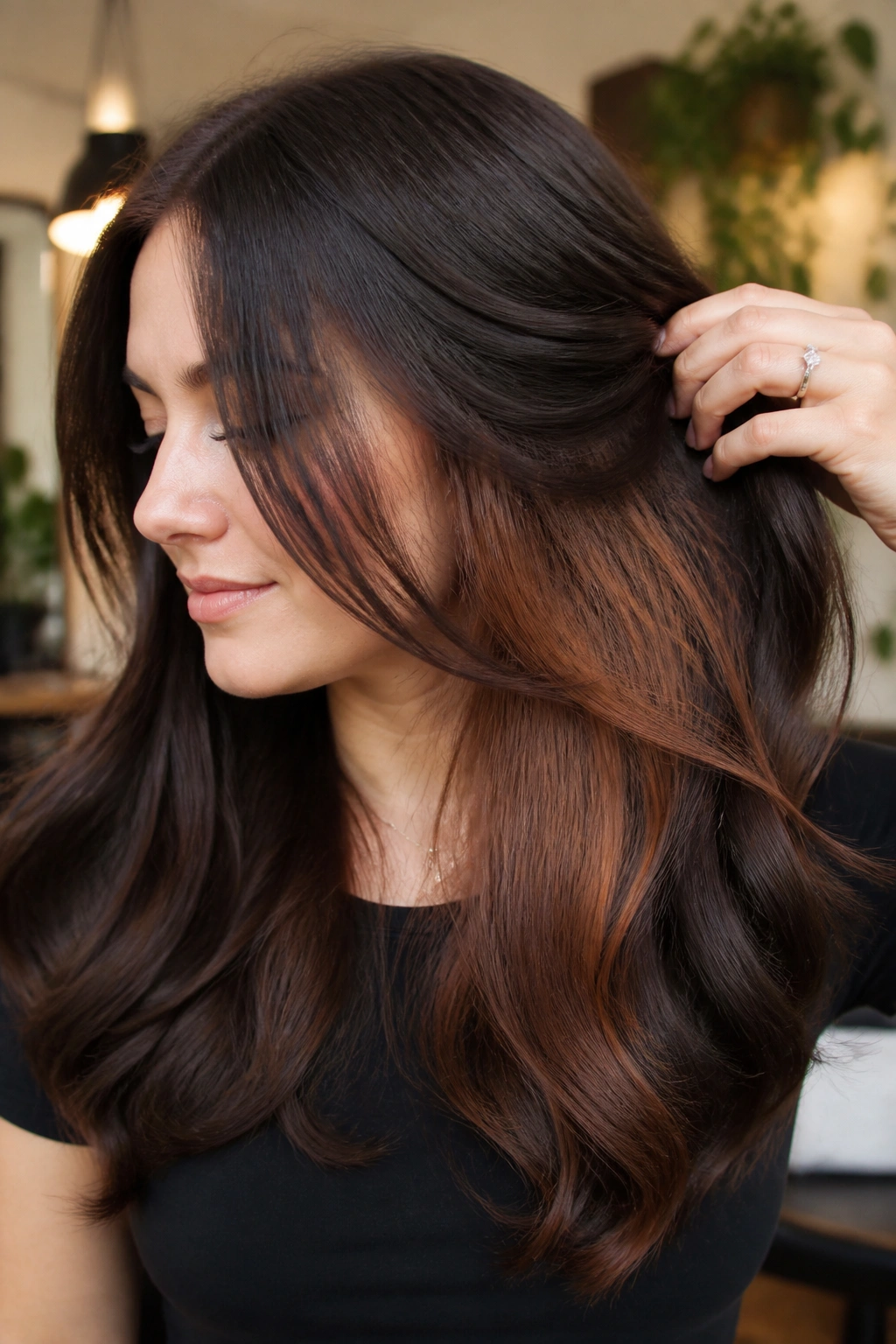 Portrait of a real woman with peekaboo chestnut panels under dark brown hair
