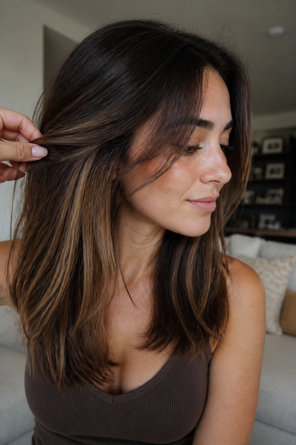 Portrait of a real woman with hidden honey panels under the top layer peeking through as hair moves