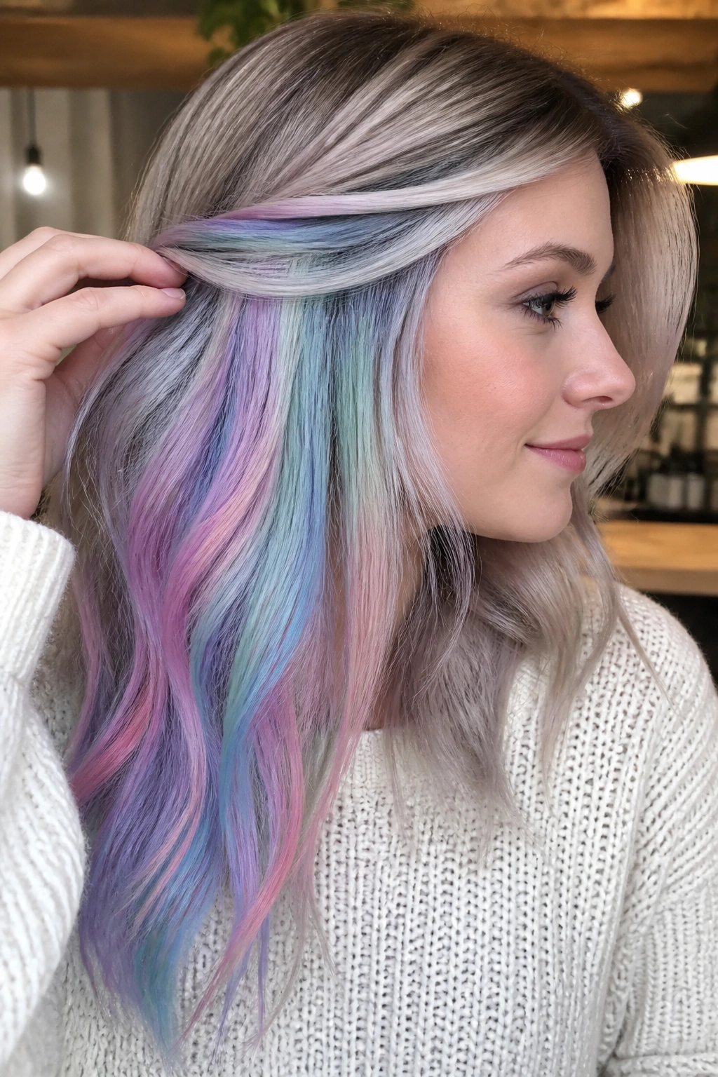 Portrait showing peekaboo pastel rainbow panels under the hair.