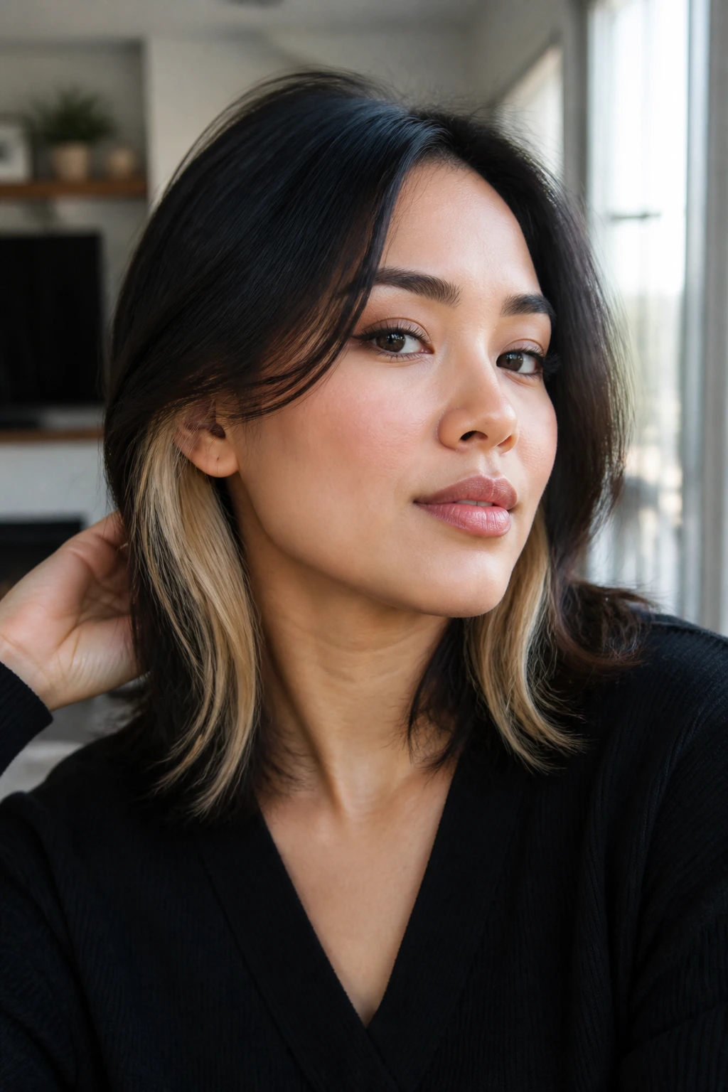 Real person with peekaboo blonde panels under a dark top layer near the ears