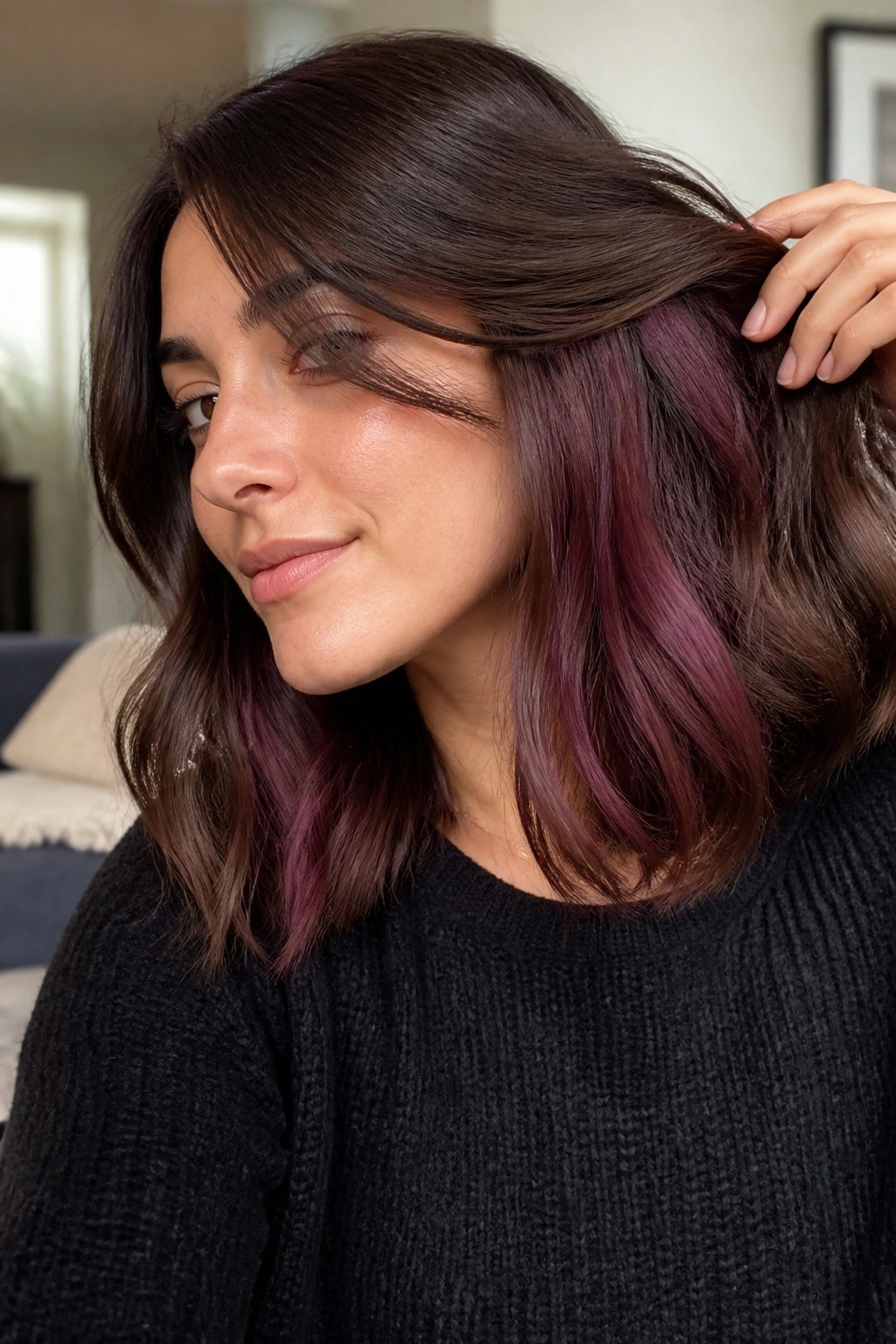 Close-up portrait showing peekaboo purple brown panels under the top layer on a real person