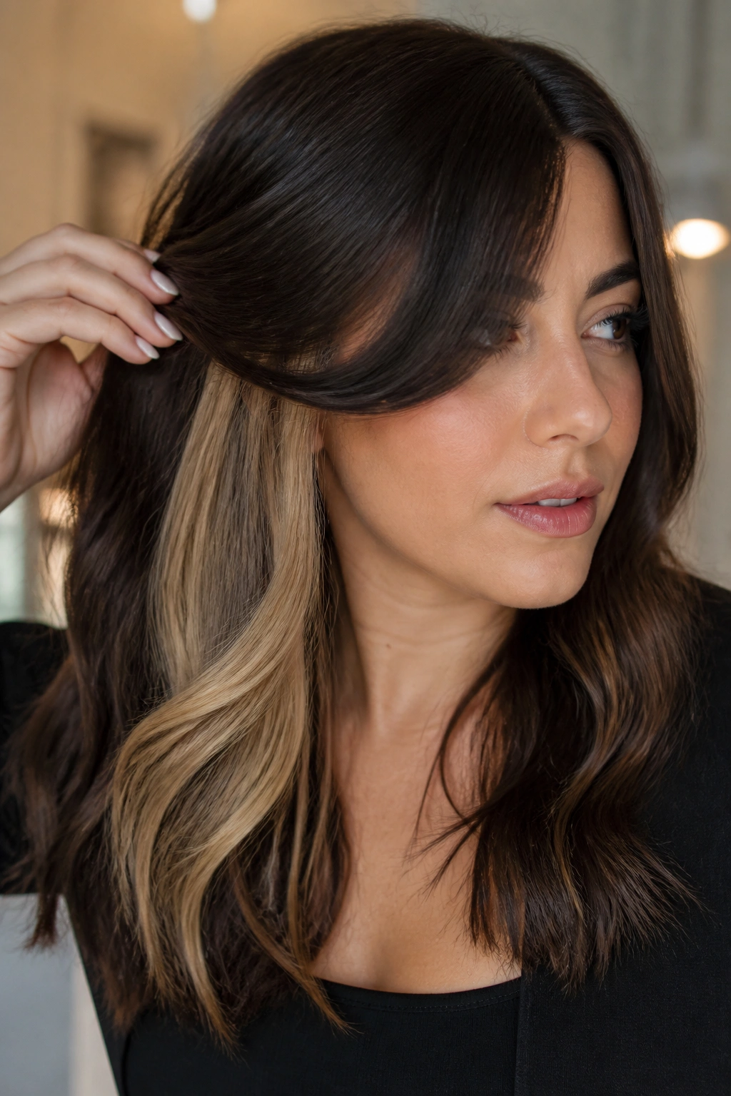 Close-up of a woman with hidden blonde panels under dark brown hair