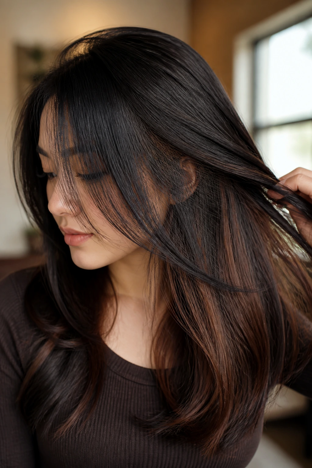 Close-up portrait showing brown peekaboo panels underneath darker hair