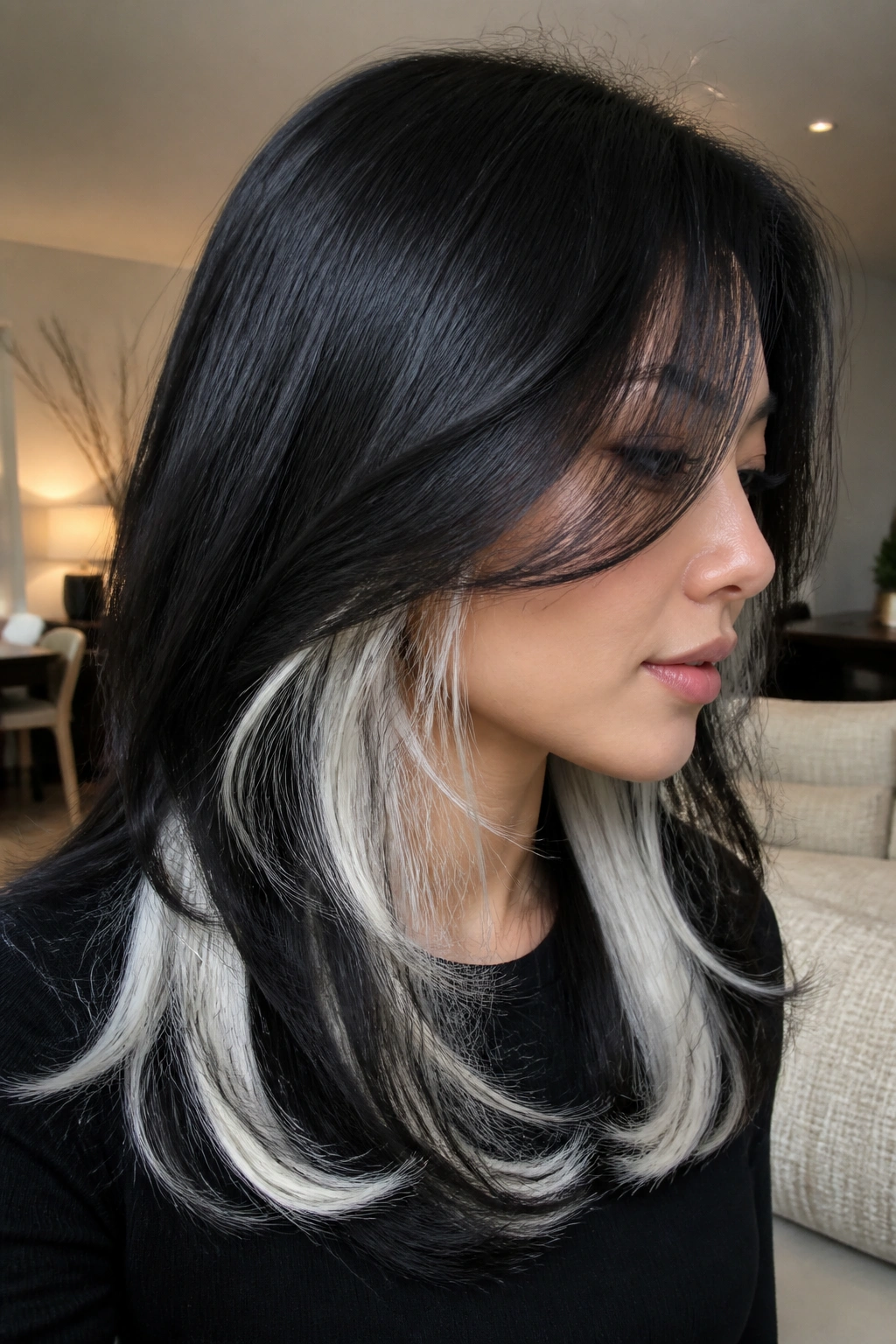 Close-up of a real woman with white peekaboo panels under black hair layers.