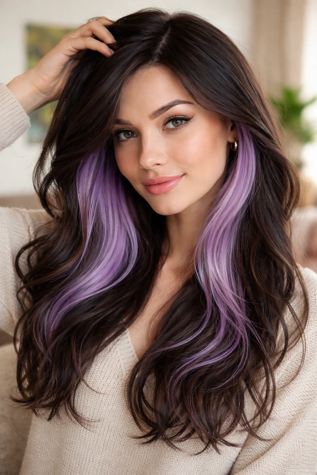 Close-up of peek-a-boo pastel purple underlayer revealed in hair