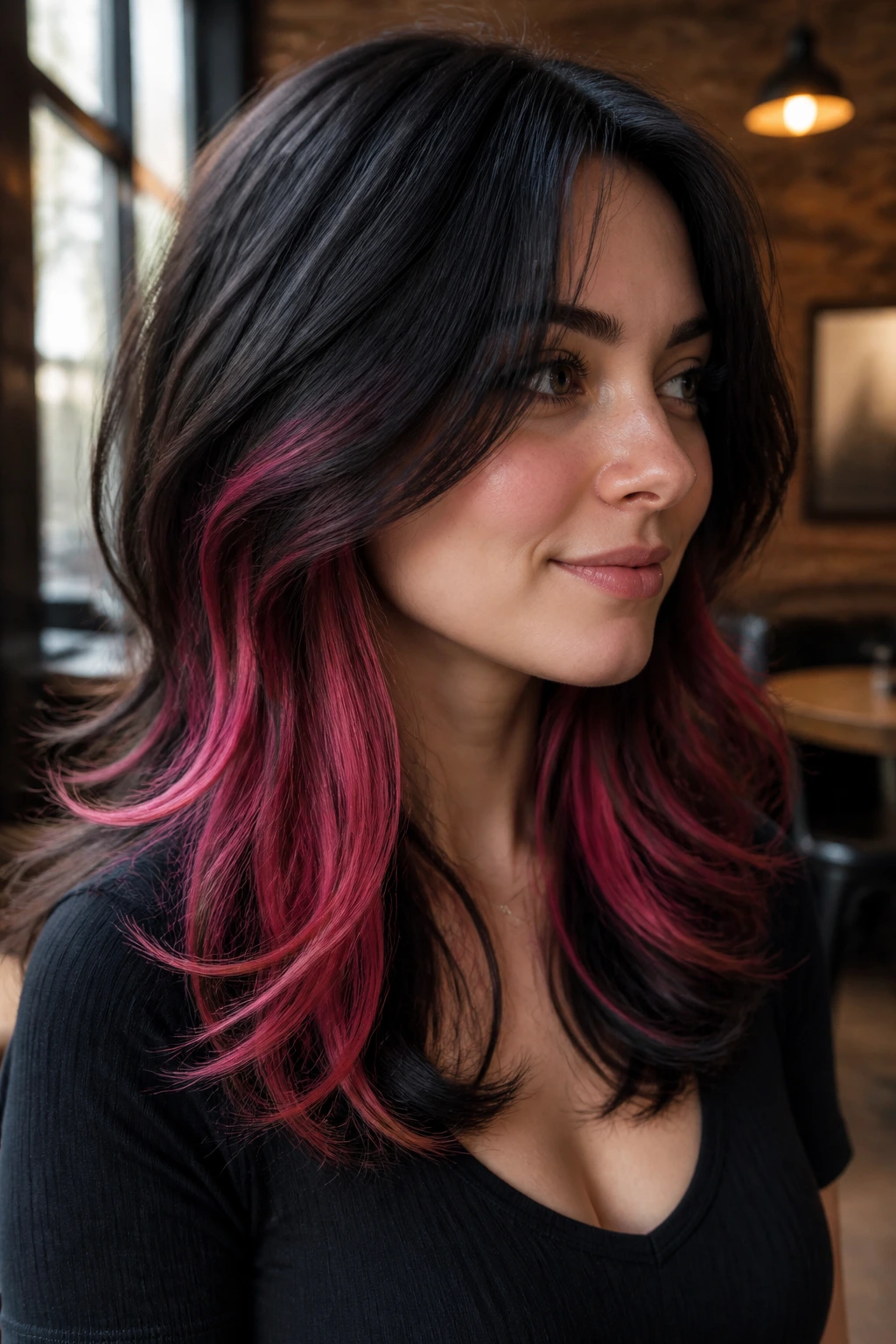 Close-up of a real woman with hidden pink panels under a dark base in a layered cut.