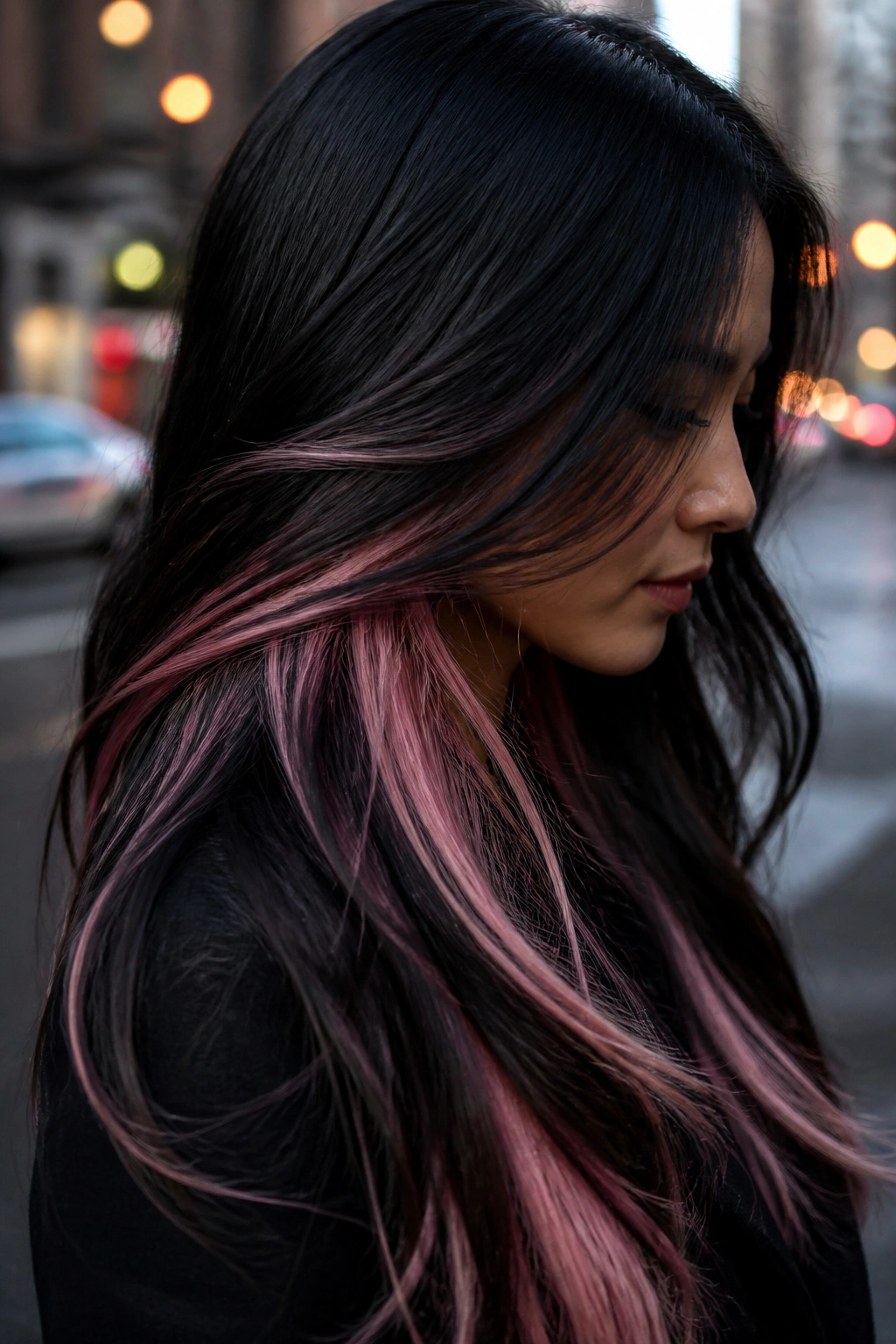 Close-up side-profile of a real woman showing a pink underlayer peeking through black top layer.
