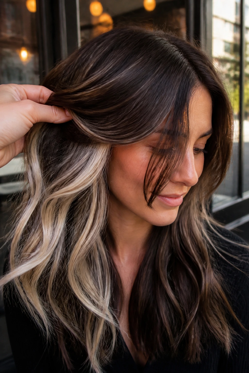 Real woman with brunette top layer and platinum underlayer peeking through in natural light.