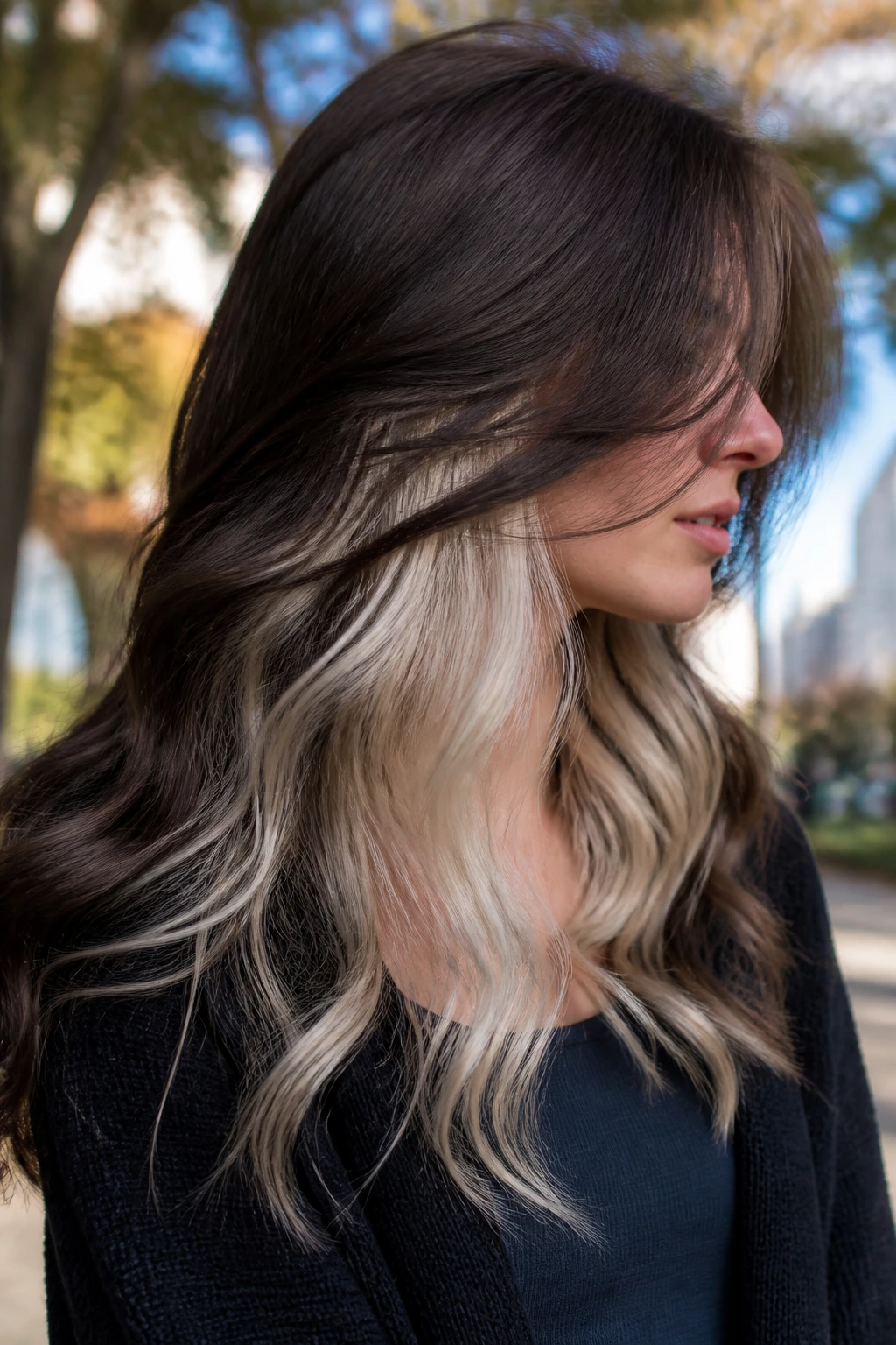Side-profile of a woman showing platinum peekaboo underlayers through brown hair