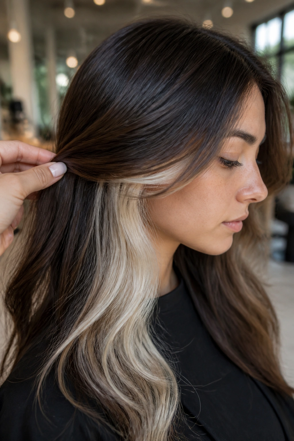 Close-up of hidden platinum under brown hair peeking from beneath the top layer