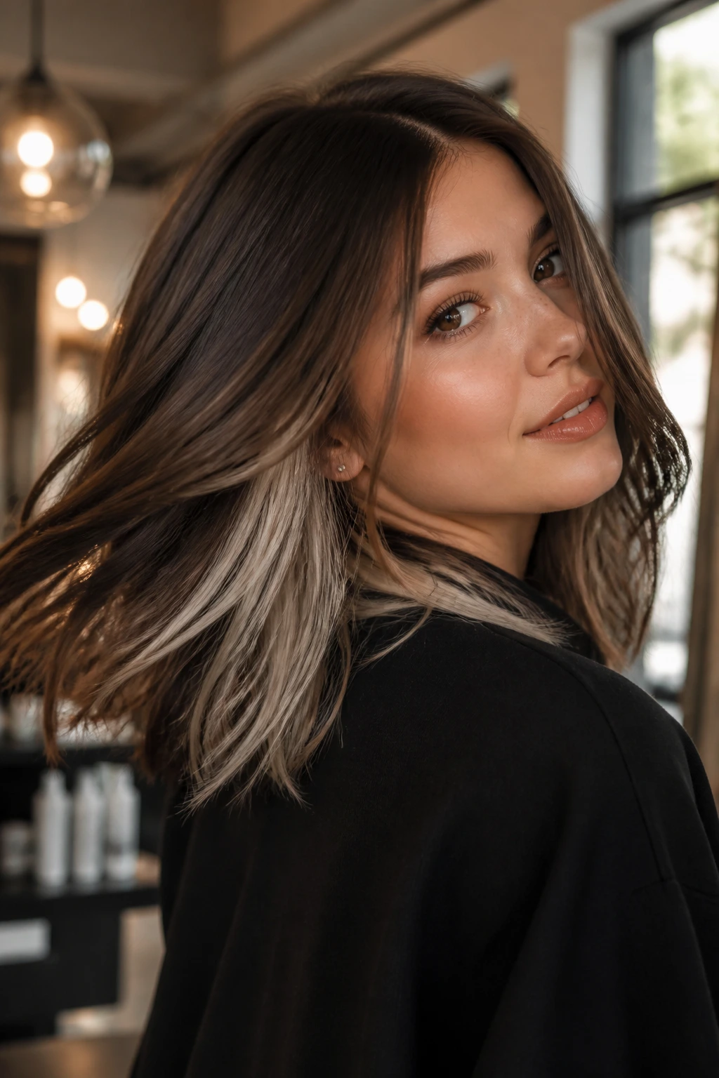 Close-up of a woman showing platinum underlayers peeking beneath brown hair