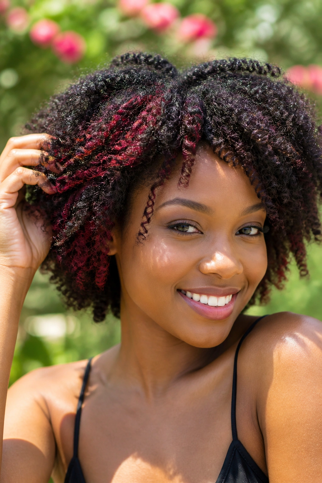 Close-up of natural curls with peekaboo red highlights under the top layer.