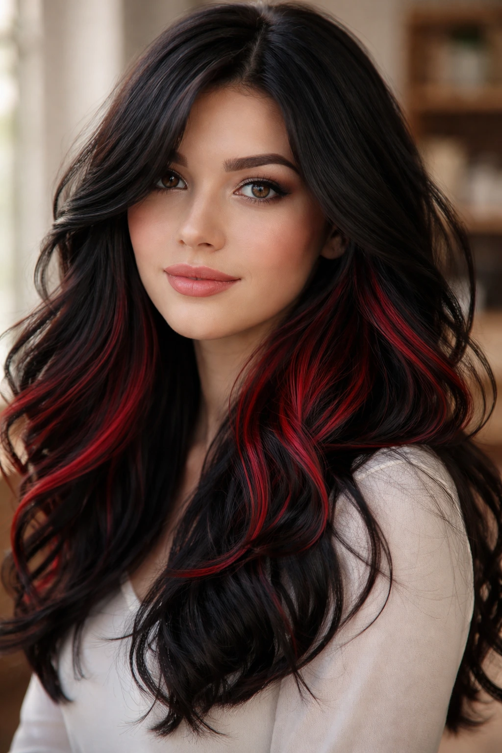 Close-up portrait of a real woman with peekaboo red underlights
