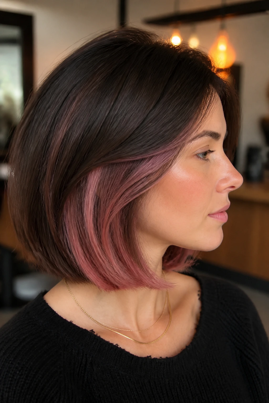 Close-up of real person with brown bob and hidden rose panels peeking through in salon light