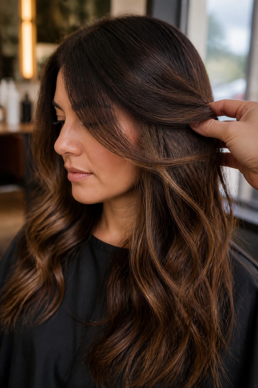 Close-up portrait of a real woman showing hidden sable highlights under the top layer in a salon setting.