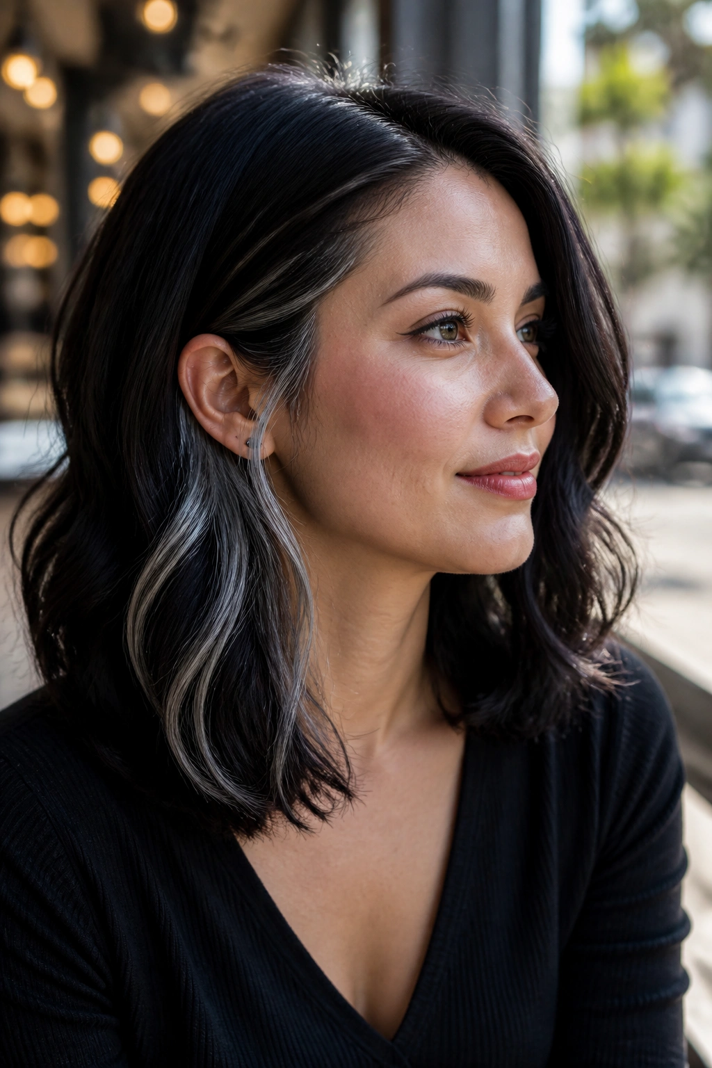 Portrait of a woman with silver peekaboo streaks behind the ear