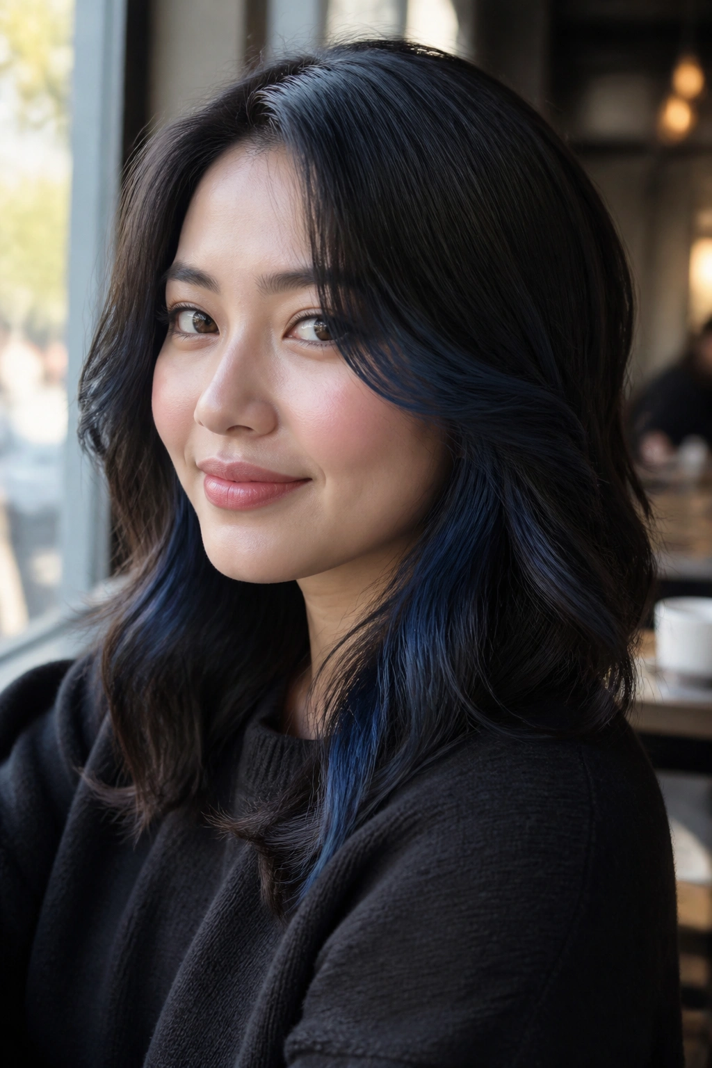 Close-up of a real person with subtle blue-black peekaboo streaks in hair.