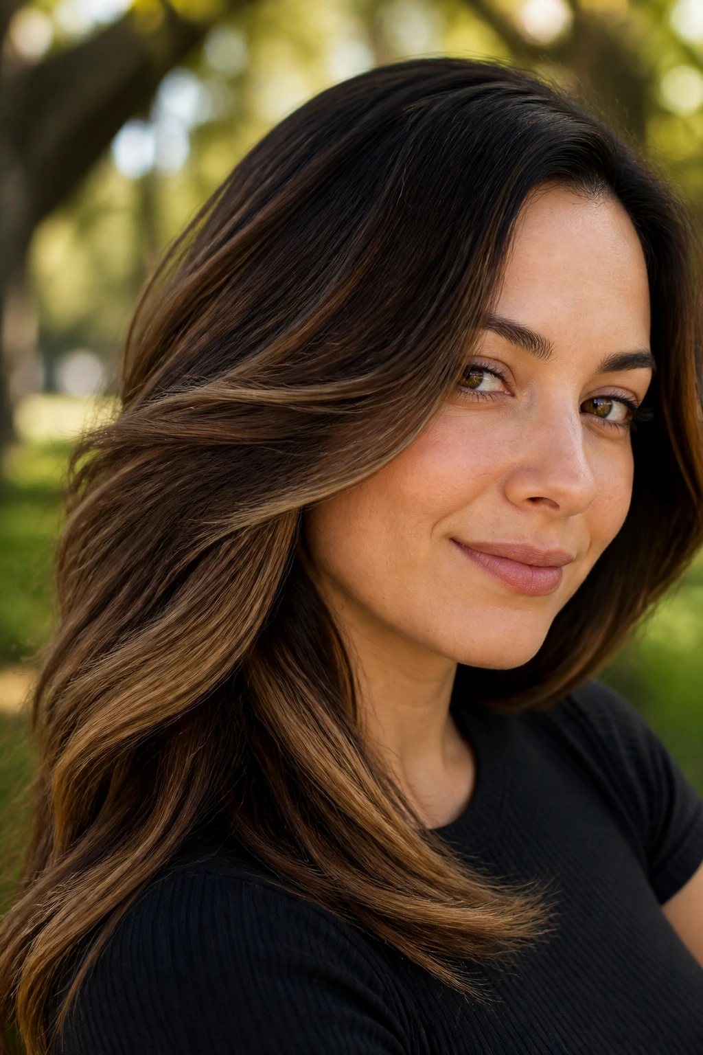Brown hair with underlayer toffee panels visible in movement outdoors
