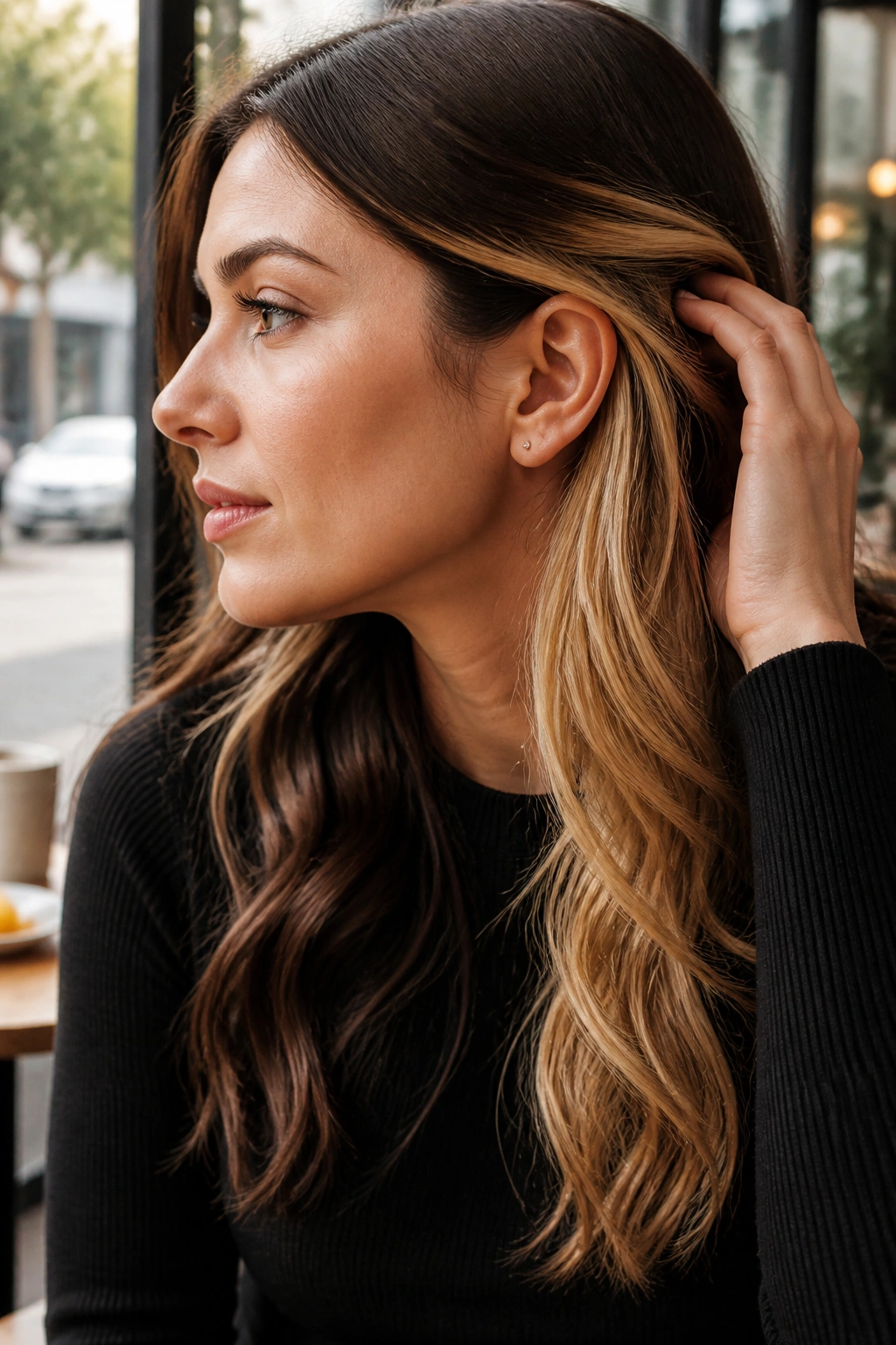 Profile of a real woman revealing blonde underlayers peeking through dark top layer.