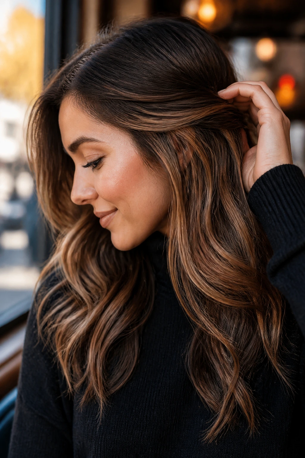 Portrait of a real woman with warm brunette hair revealing golden caramel peekaboo underlayers