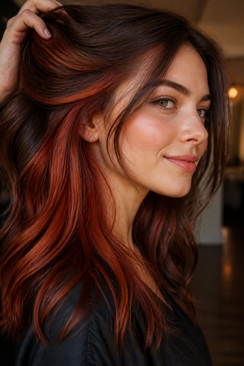 Portrait showing peekaboo red-copper underlayers visible when hair moves