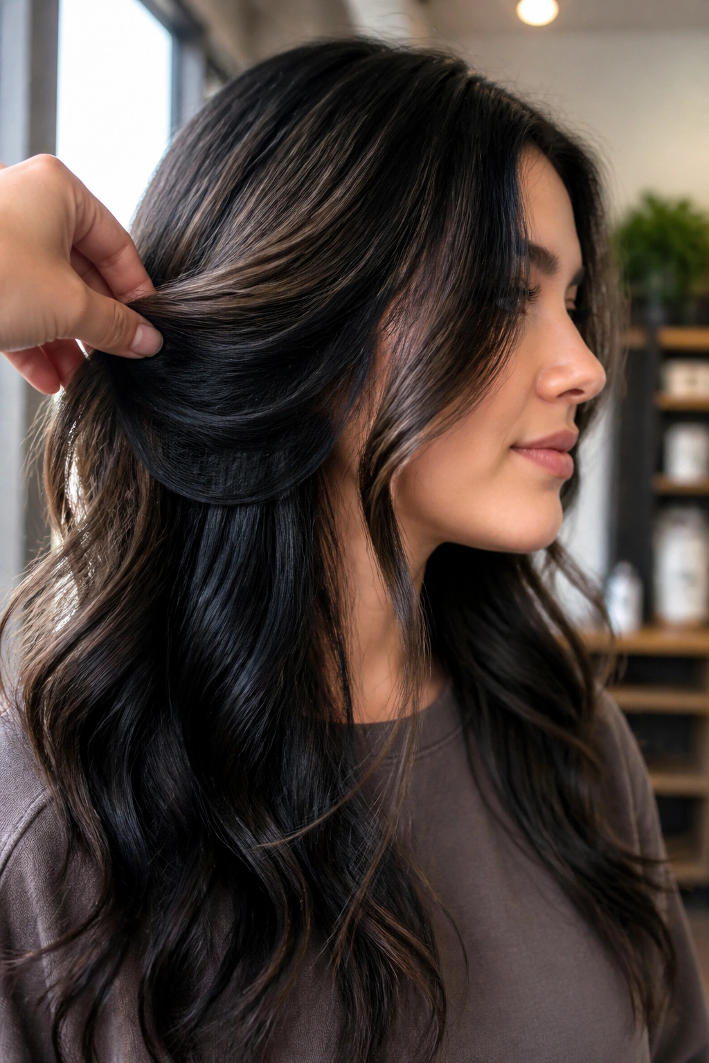 Side-profile portrait of a woman with under-layer jet black peekaboo pieces