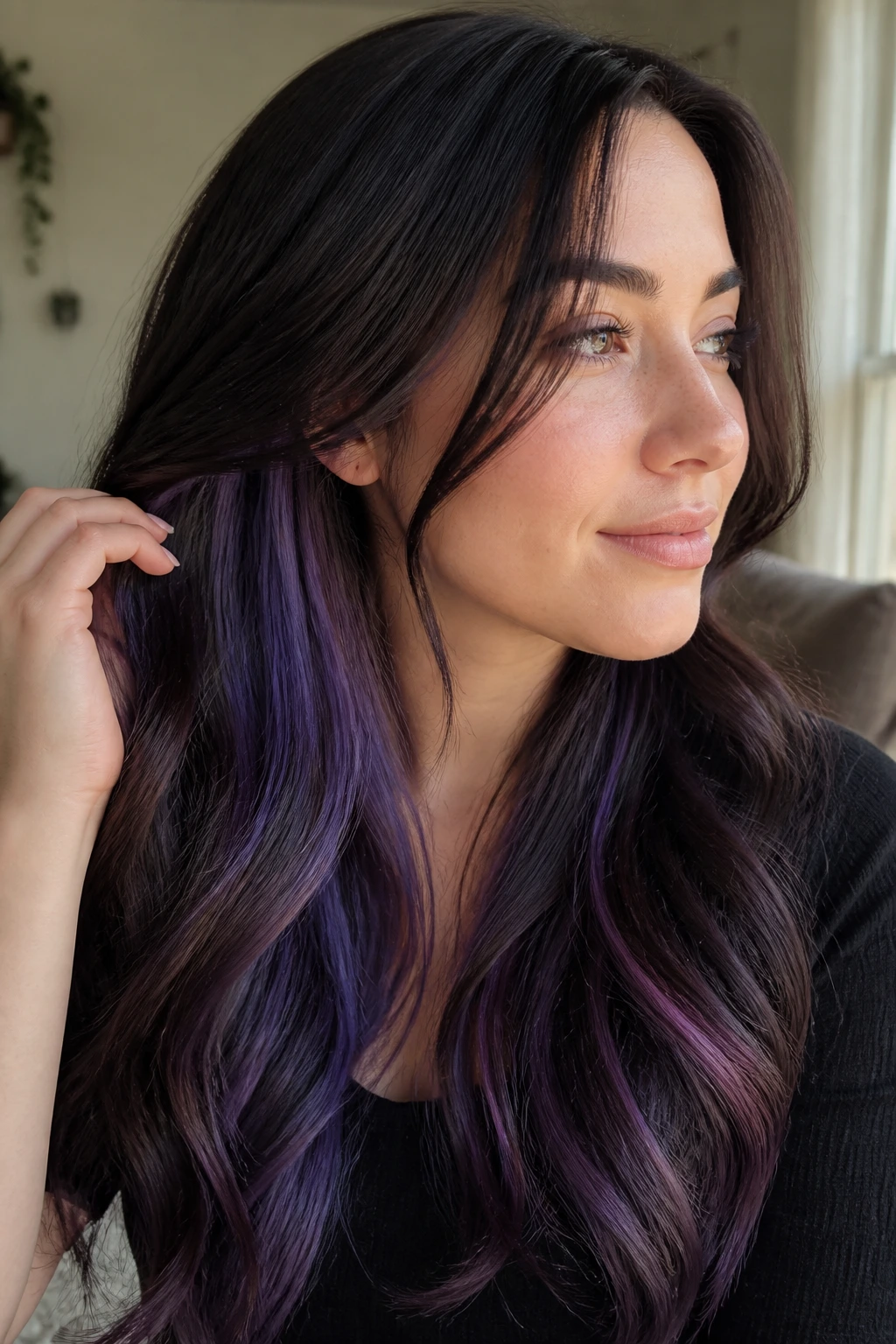 Close-up portrait showing purple underlayers peeking through natural top layer