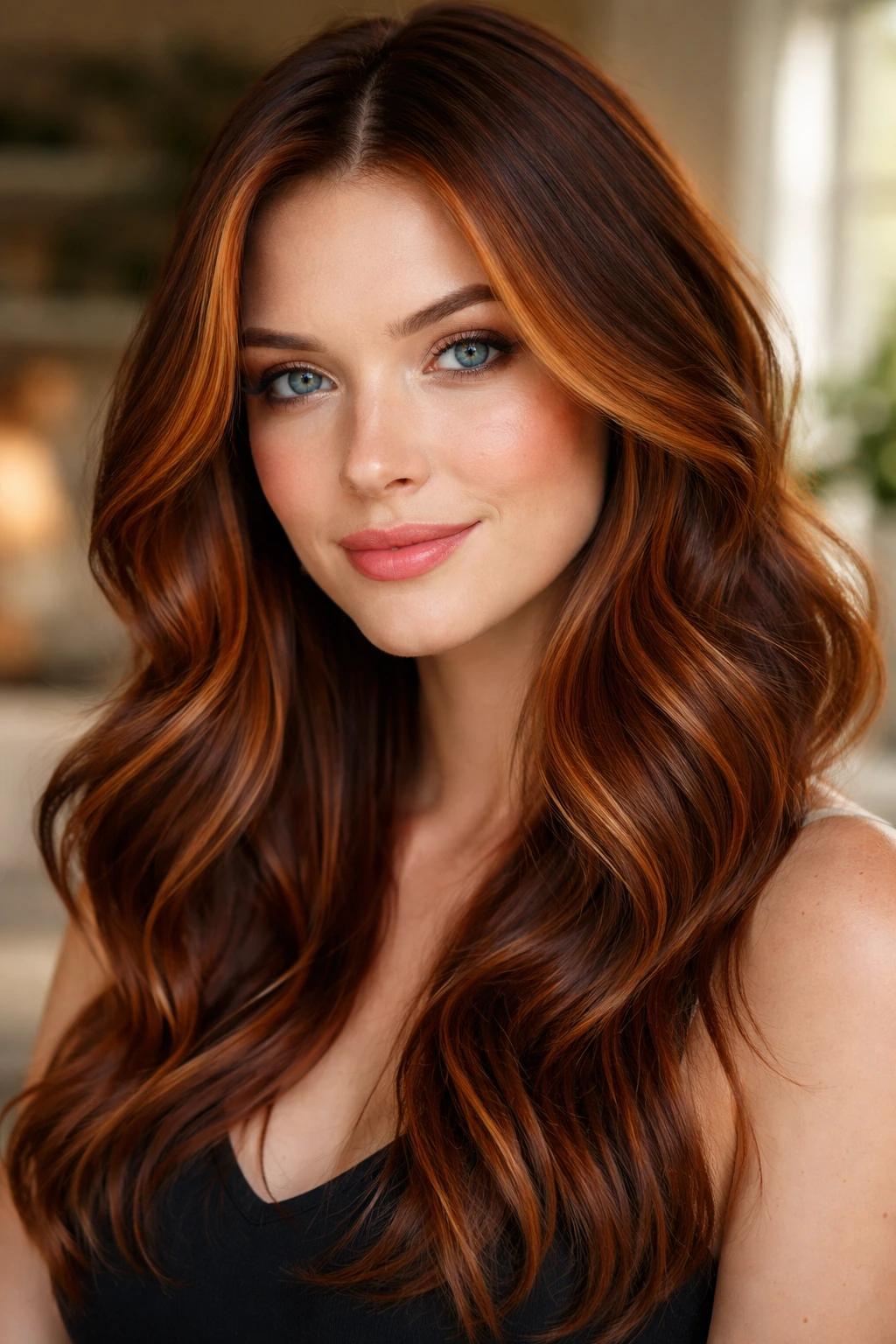 Close-up portrait of a real woman with penny copper balayage