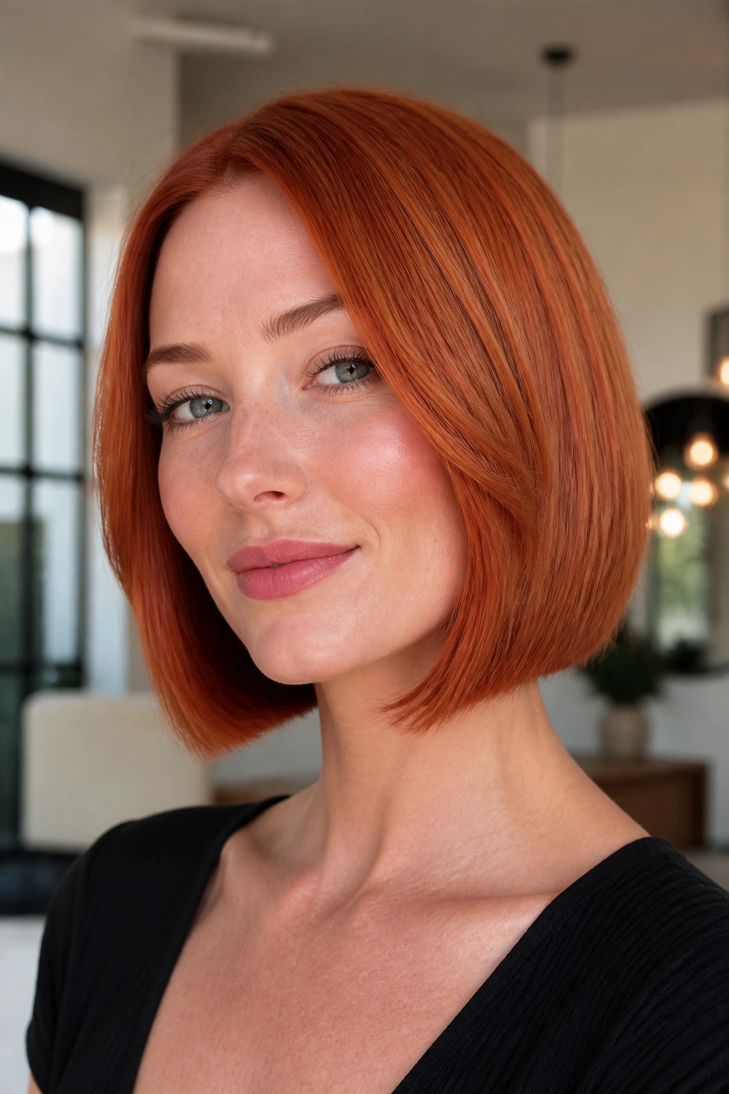 Close-up portrait of a real woman with penny copper bob hairstyle