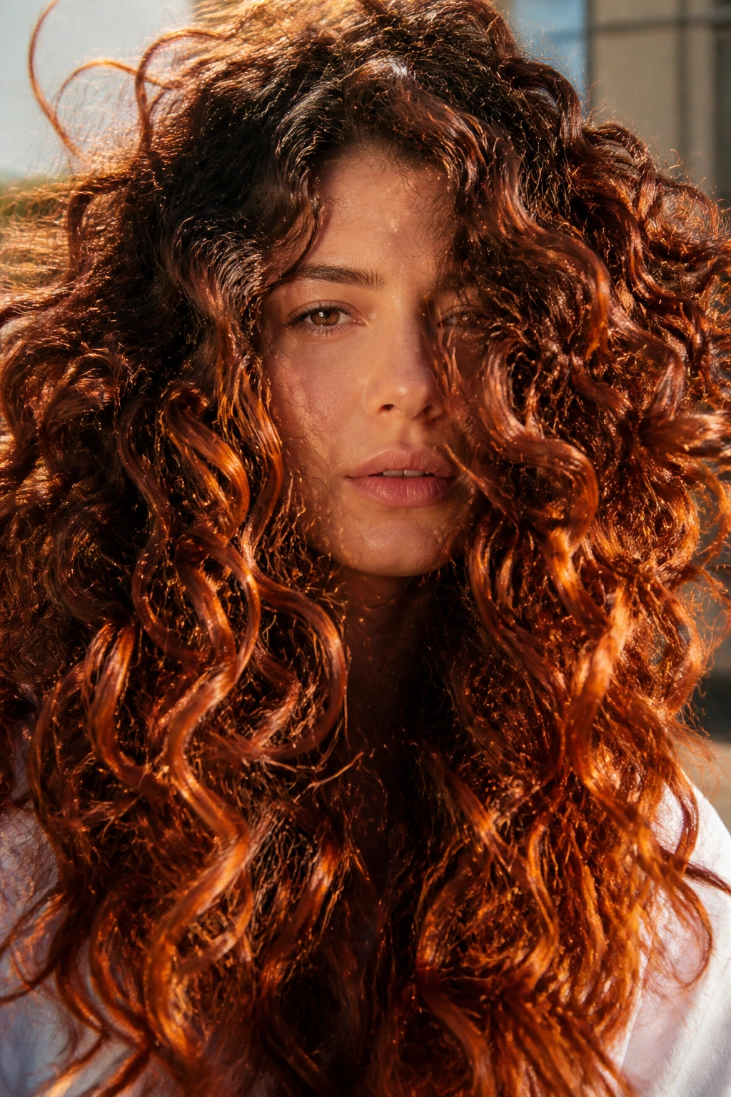 Real person with curly brown hair showing bright penny copper along curls