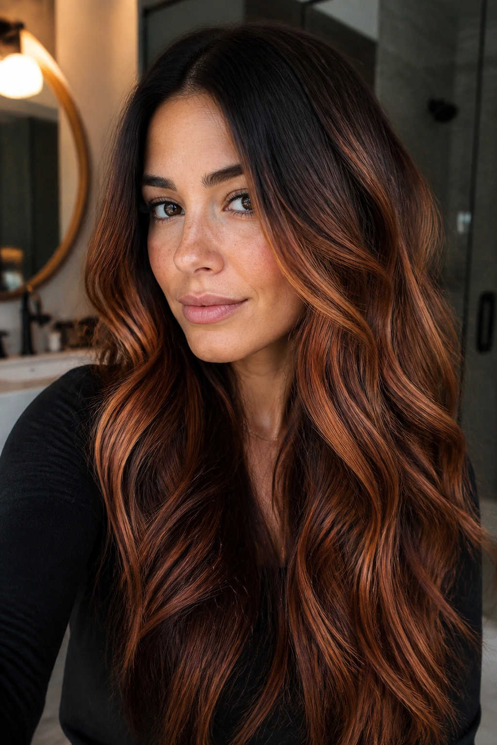 Close-up of dark brunette hair with melted penny copper from roots to ends.