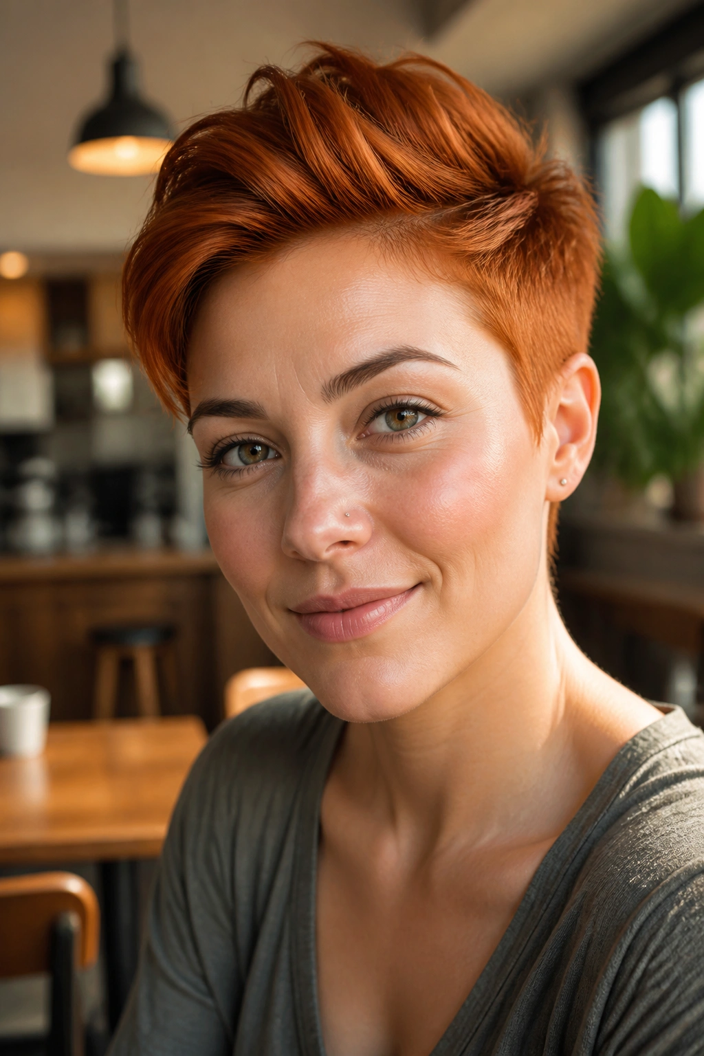 Close-up of a real woman with a bright penny copper pixie hairstyle