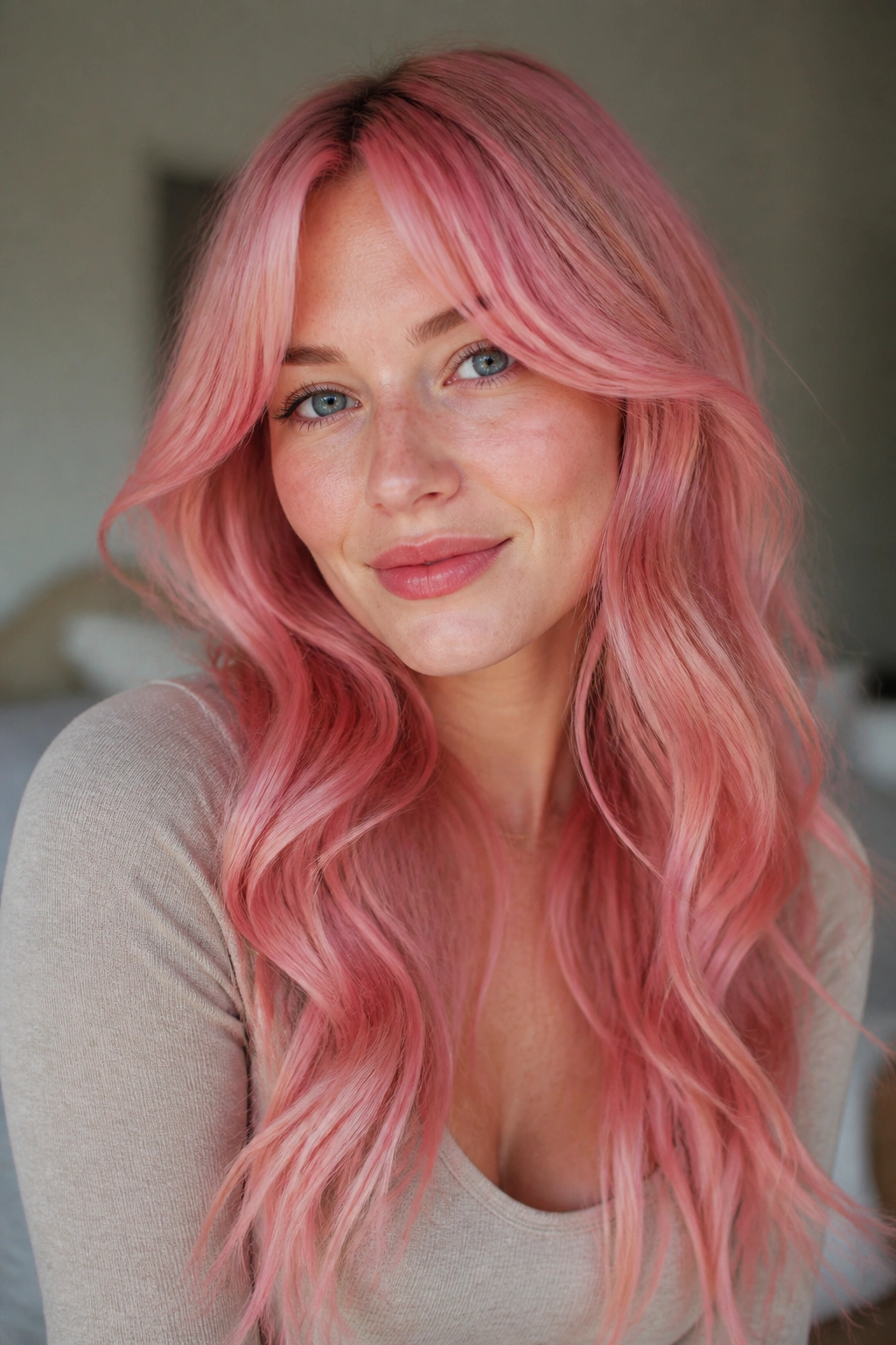 Close-up of a real woman with peony pink curtain bangs and long waves in soft daylight