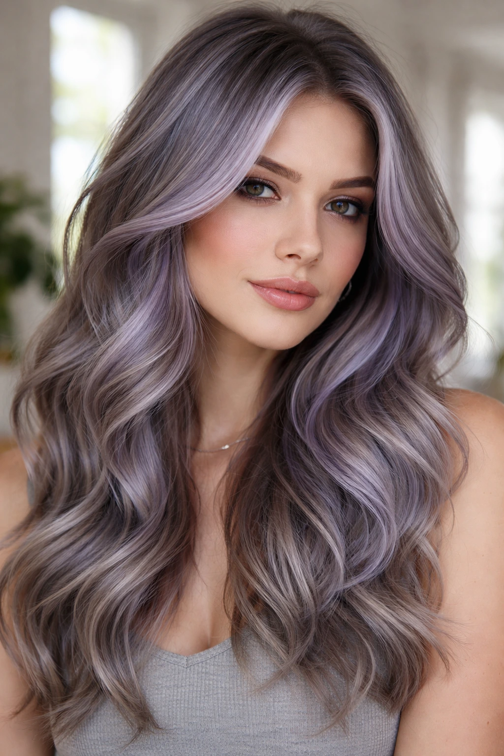 Close-up of a real person with periwinkle ash highlights on grey hair.