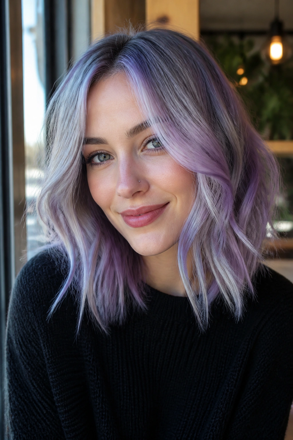 Close-up of real person with icy periwinkle balayage around the face.