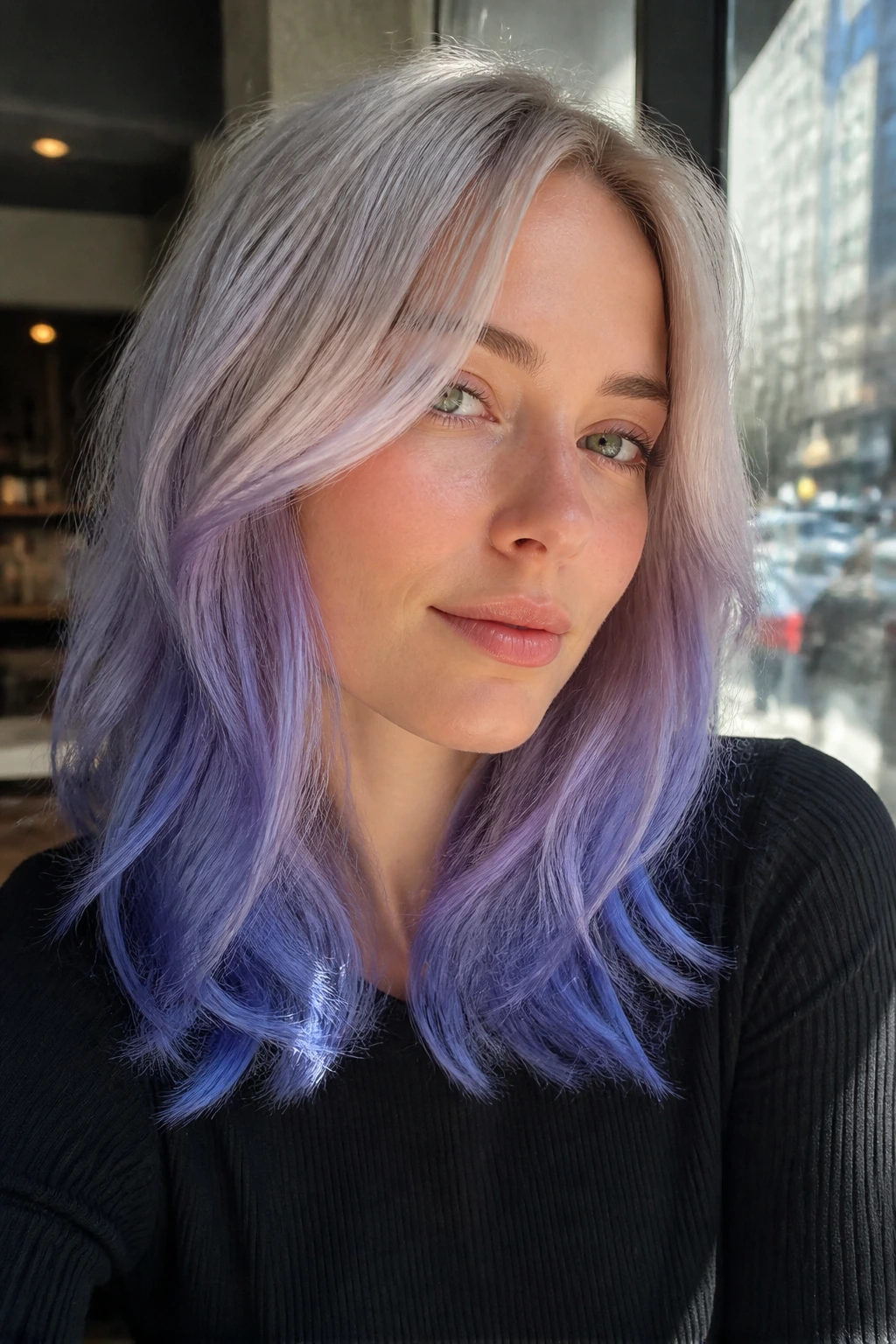 Close-up portrait of a real person with periwinkle blue melt hair transitioning from blonde to periwinkle