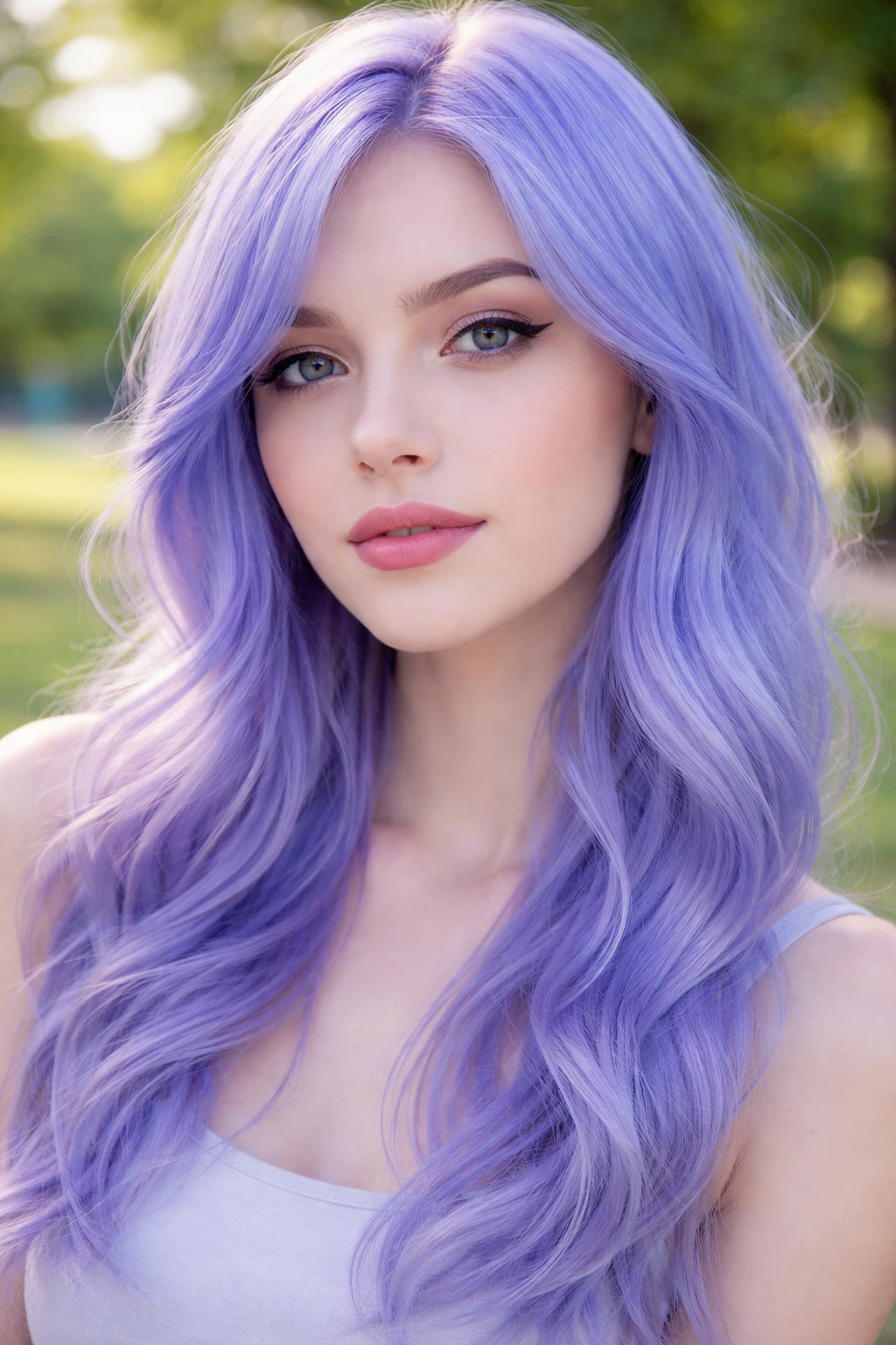 Close-up of a real person with periwinkle blue-purple hair outdoors.