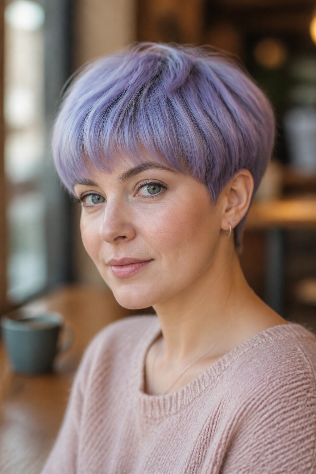Close-up of a real person with a periwinkle bowlish pixie and rounded silhouette.