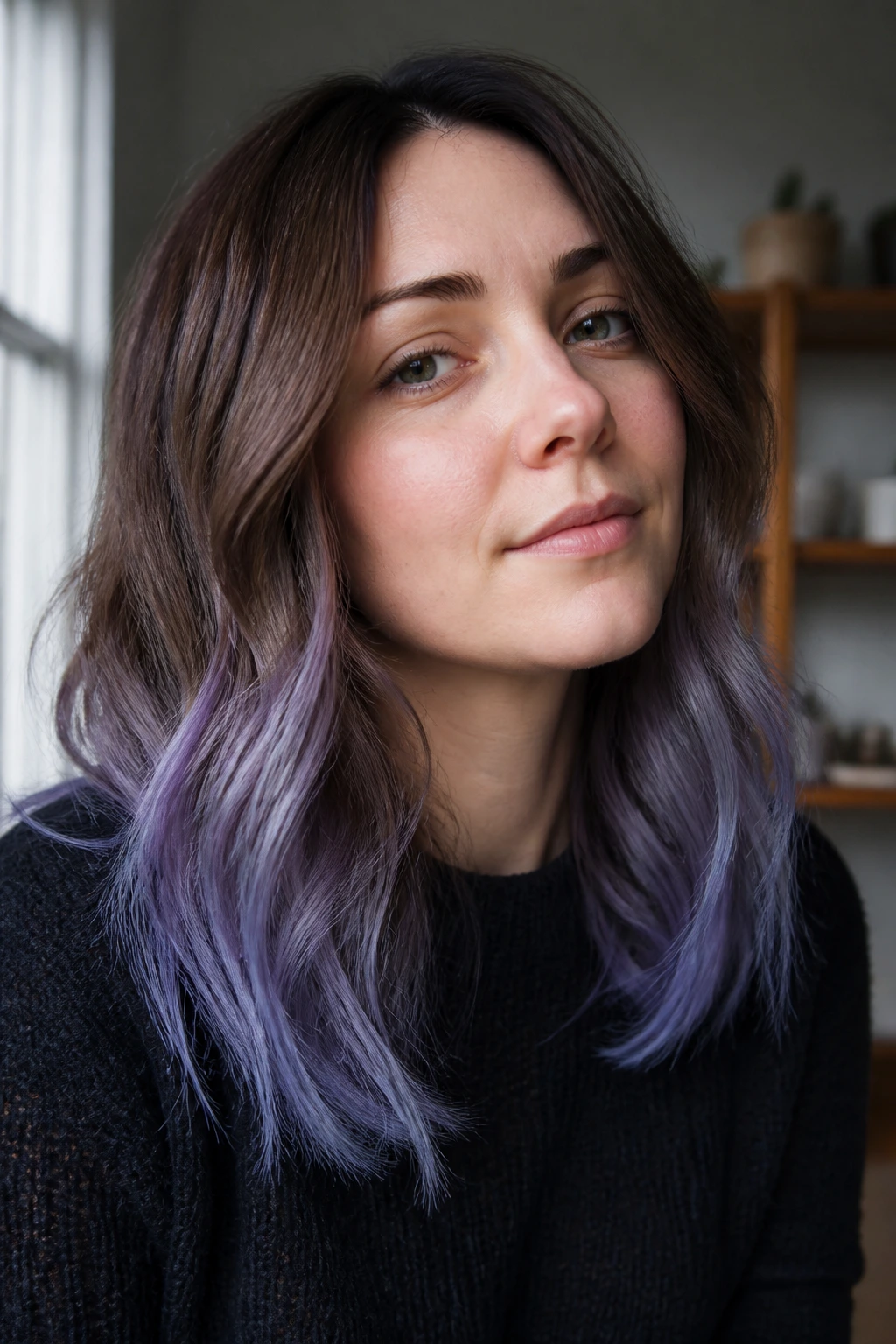 Close-up of a real person with periwinkle ends on brown hair in soft daylight