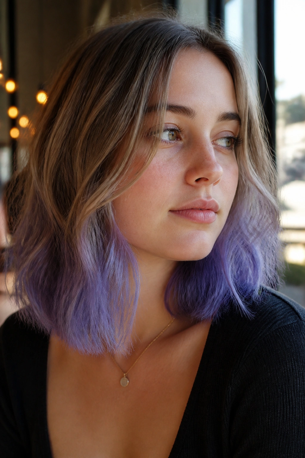 Close-up of a real person showing periwinkle ends on shoulder-length hair