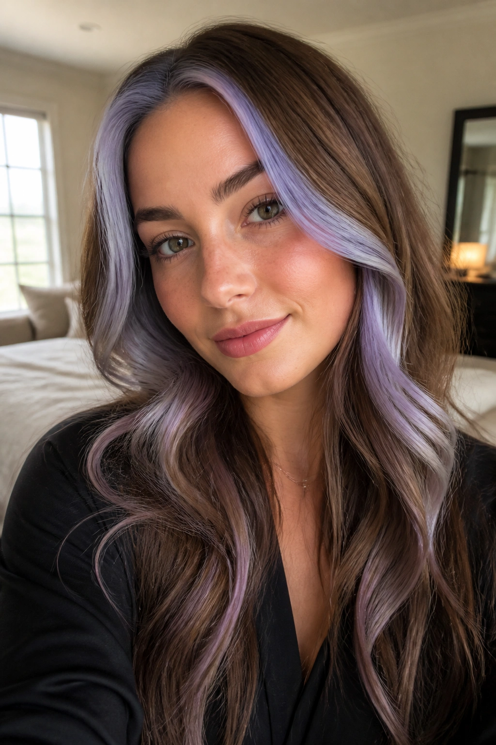 Close-up portrait of a real woman with periwinkle face-frame streaks highlighting brown hair.