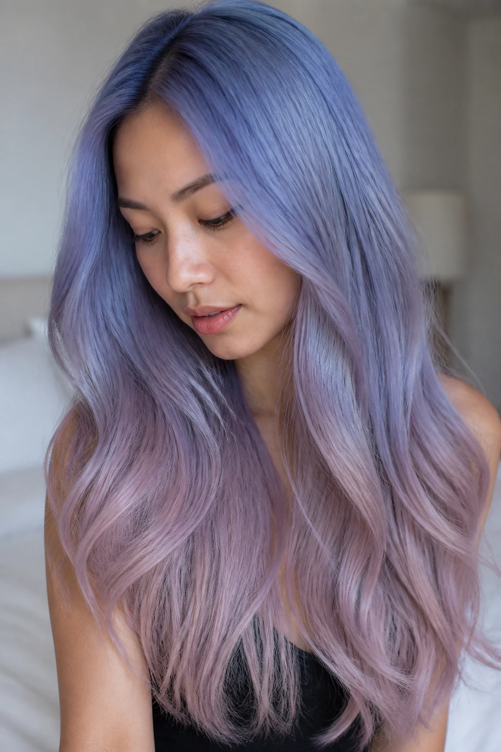 Portrait of a real woman with periwinkle to lavender ends ombre on long hair