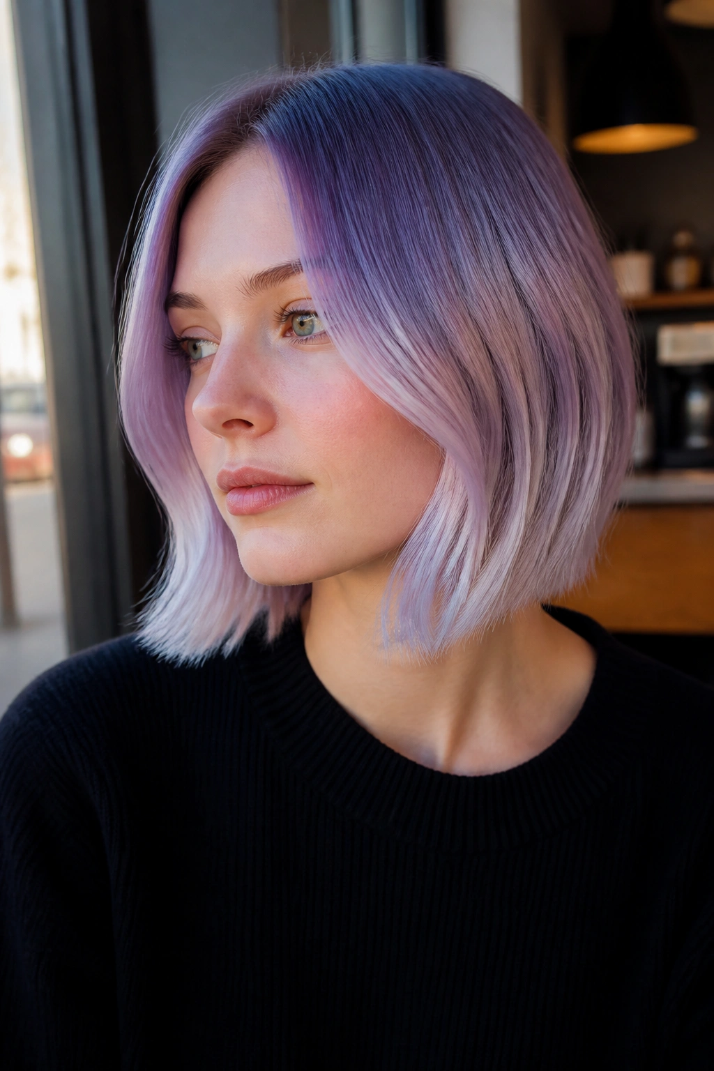 Real person with periwinkle-lilac melt on cool blonde bob showing a gradient