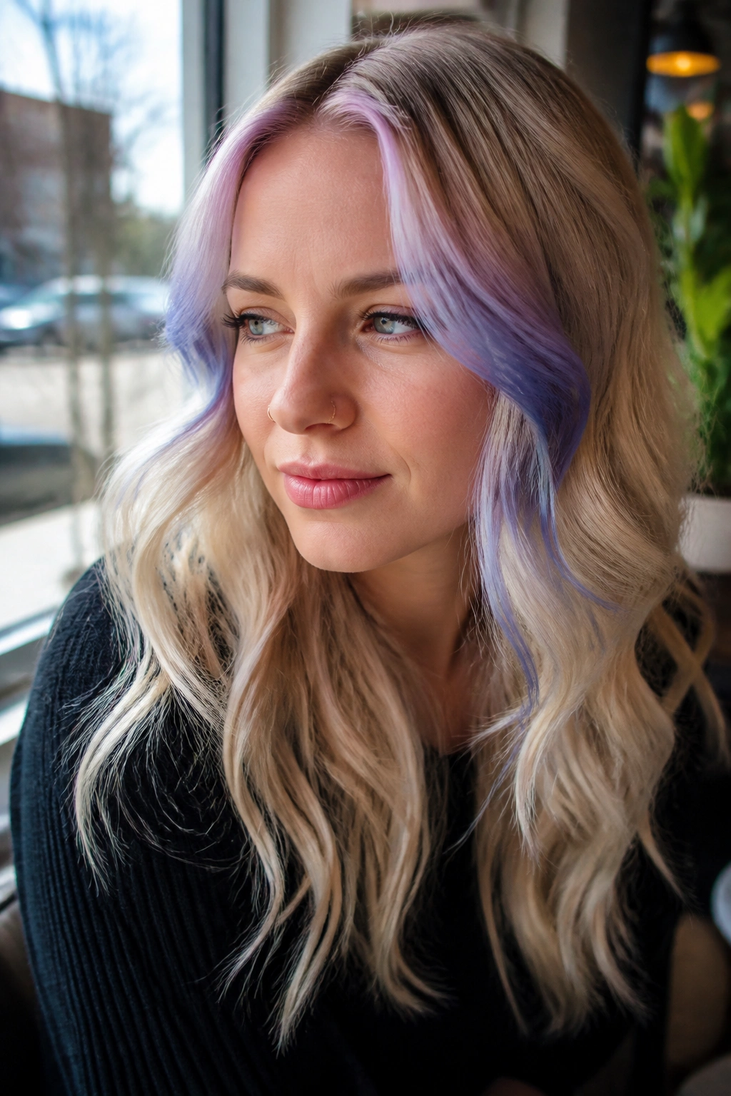 Real-person portrait with periwinkle money piece blonde around the face