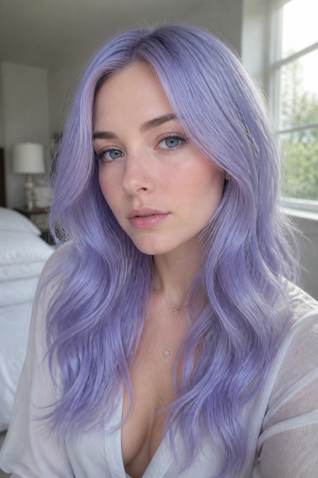Close-up of a real person with periwinkle all-over pastel hair