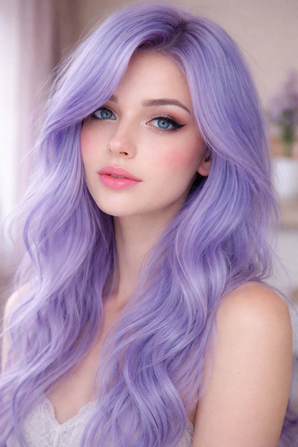 Portrait of a person with periwinkle pastel hair in soft ambient light.
